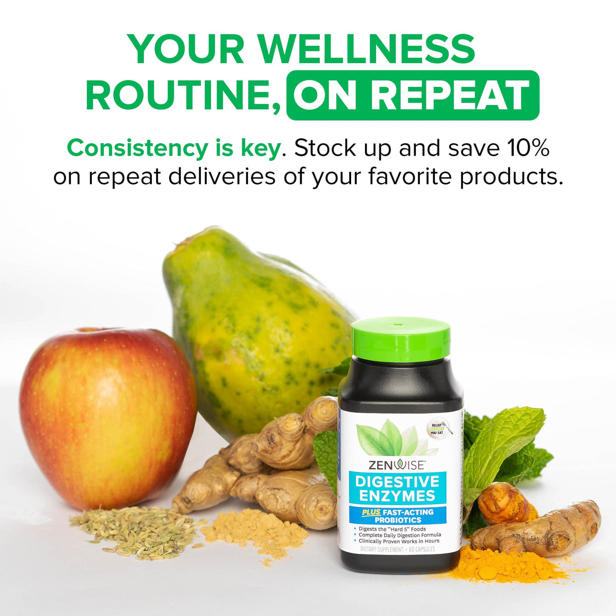 Zenwise Health anti bloating supplement container display showing authentic USA imported security markers