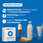 Side view of Intoleran digestive enzymes thirty six capsules packaging listing product purity features.