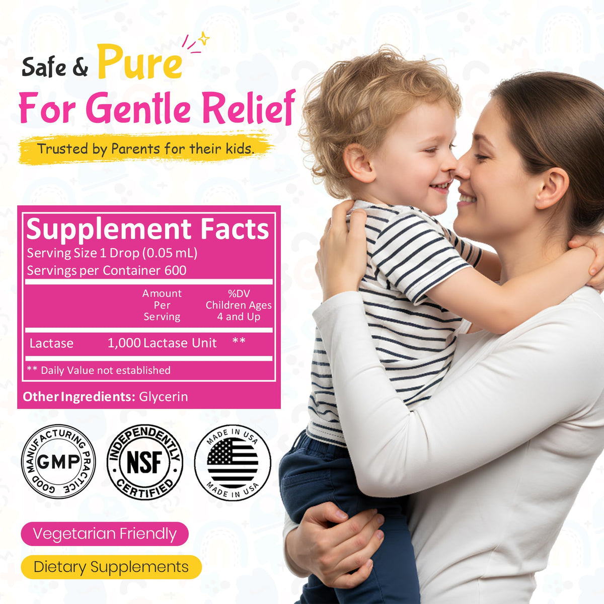 Kiddivit Lactase drops package detailing usage instructions for mixing the digestive supplement with infant formula or milk.