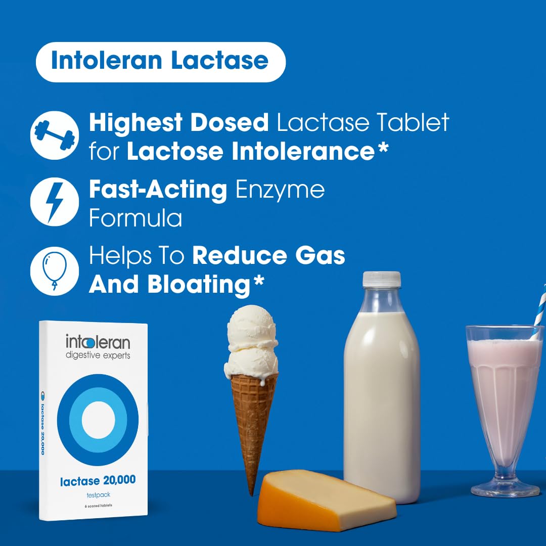 Intoleran 6 scored vegan tablets packaging showing nutritional facts and enzyme count
