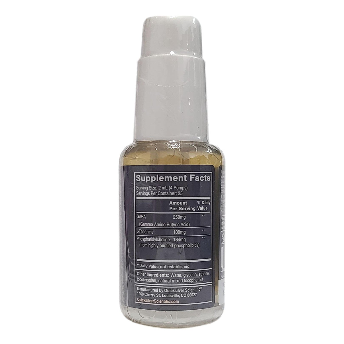 Quicksilver Scientific liquid GABA stress relief supplement packaging close up showing ingredients list