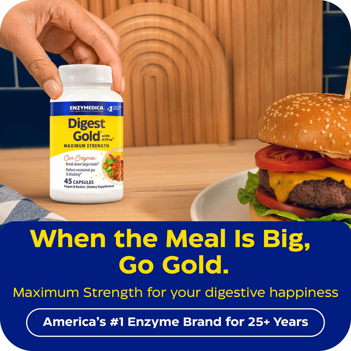 Enzymedica vegan digestive capsules container showcasing gas and bloating relief features