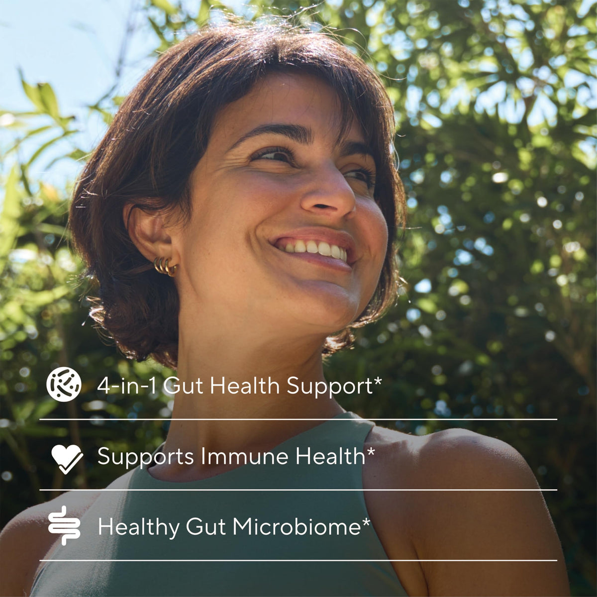 Sunergetic gut health supplement bottle showing capsule quantity and directions