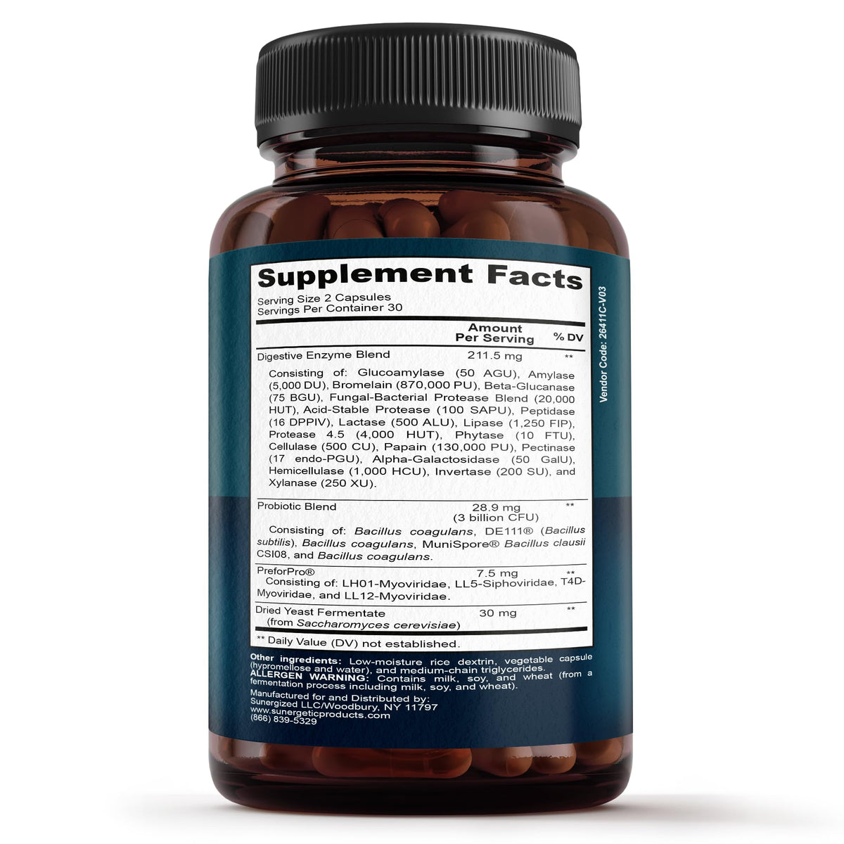 Sunergetic shelf stable advanced gut health capsules bottle display