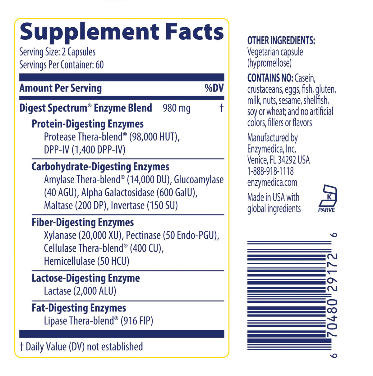 Enzymedica Digest Spectrum advanced digestive enzymes bottle showing clean formula free from soy and artificial fillers.