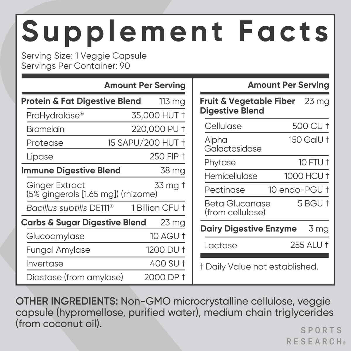 Sports Research non GMO project verified digestive enzymes bottle with DE111 probiotic icon