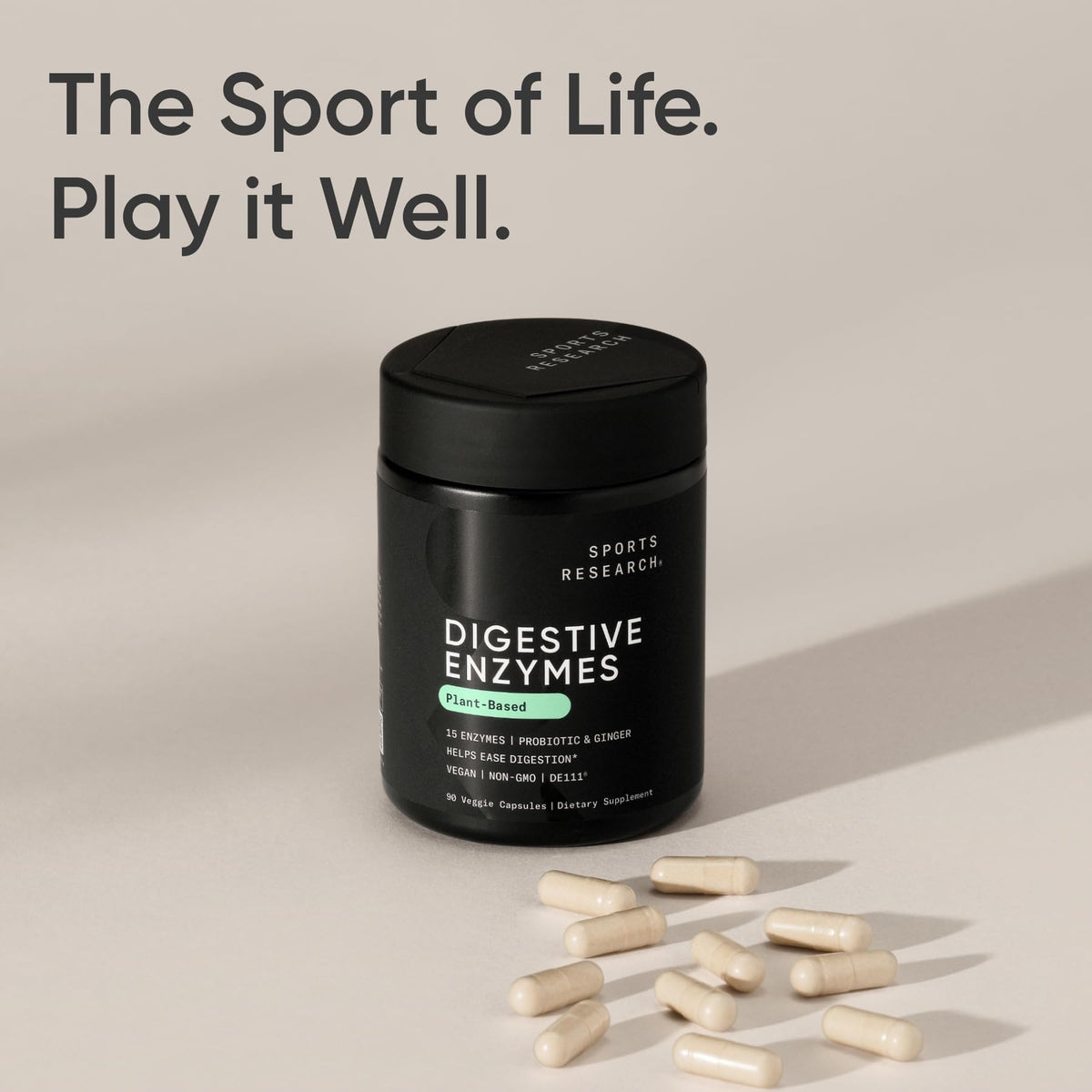 Close up of the instructions and ingredient blend for Sports Research gut wellness capsules