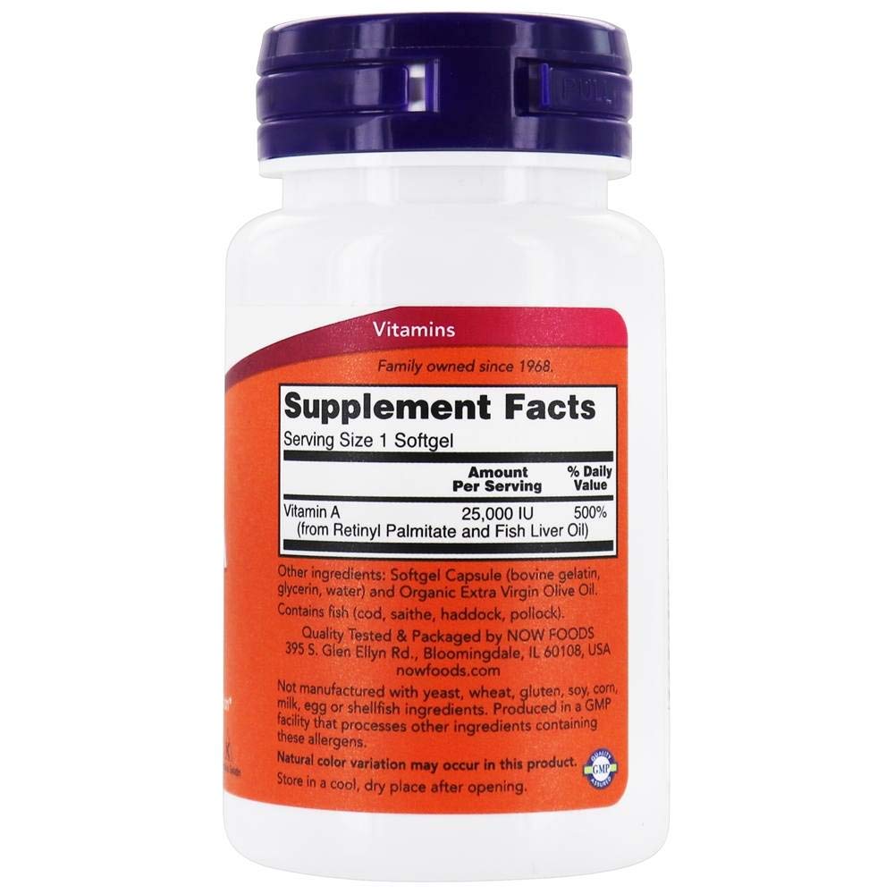 Now Foods Vitamin A 100 softgels supplement label details