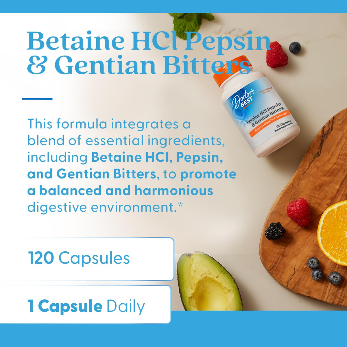 Doctor's Best Betaine Hydrochloride packaging showcasing non-GMO and gluten-free certifications.