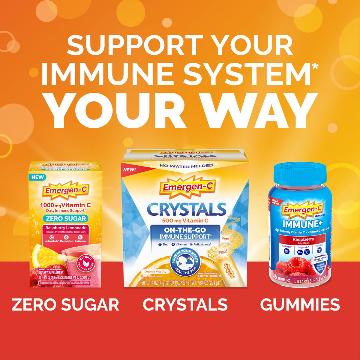 Individual single serve packet of Emergen-C Vitamin C powder highlighting the caffeine free formulation