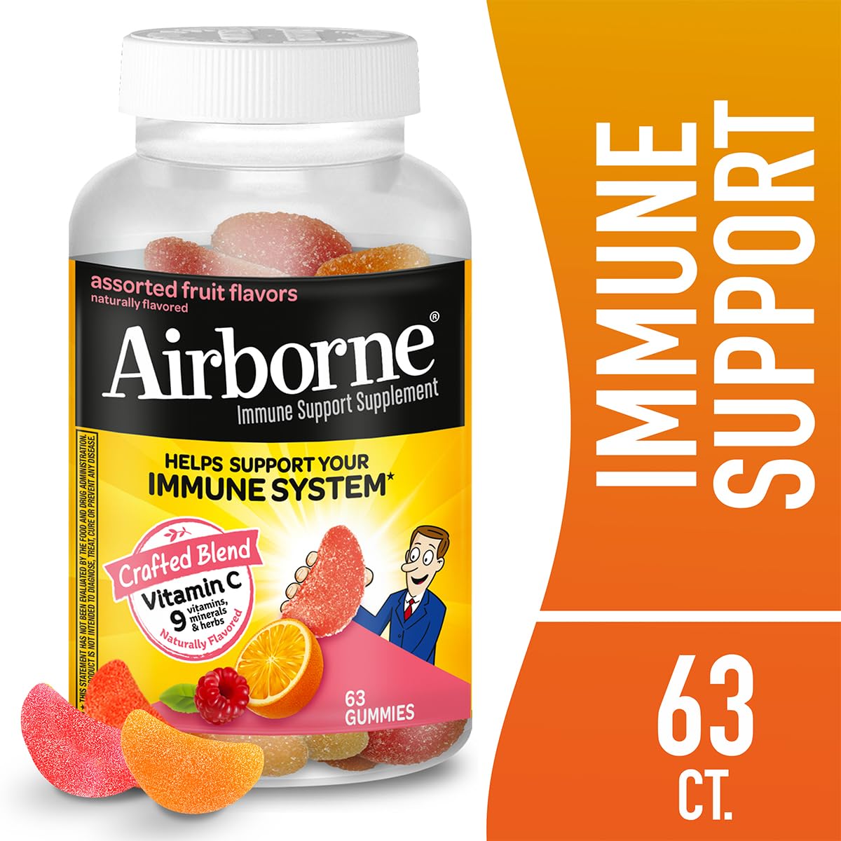 Airborne immune support gummies bottle side view showing nutrition facts table and 750 mg Vitamin C dosage instructions