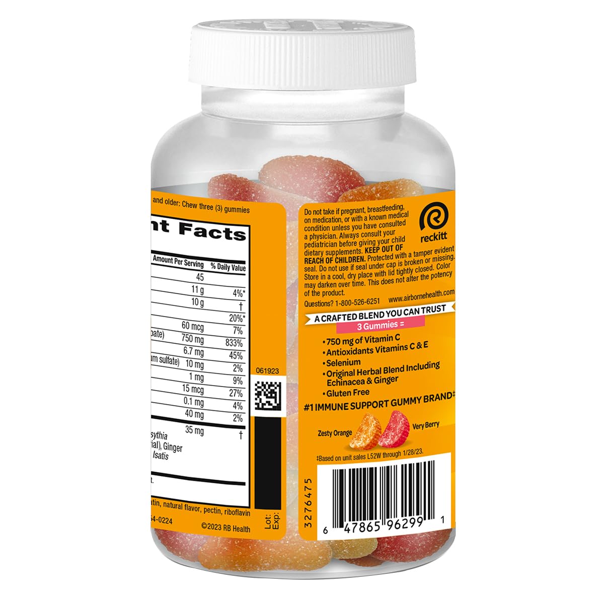 Close up view of Airborne assorted fruit flavored gluten free chewable vitamins for adult wellness