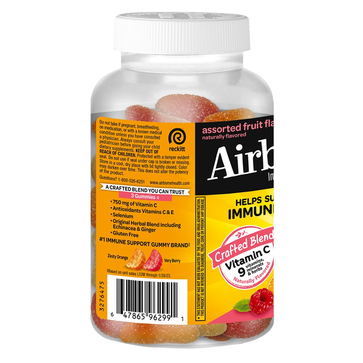 Airborne Vitamin C 126 count packaging details illustrating the proprietary blend of nine vitamins minerals and herbs