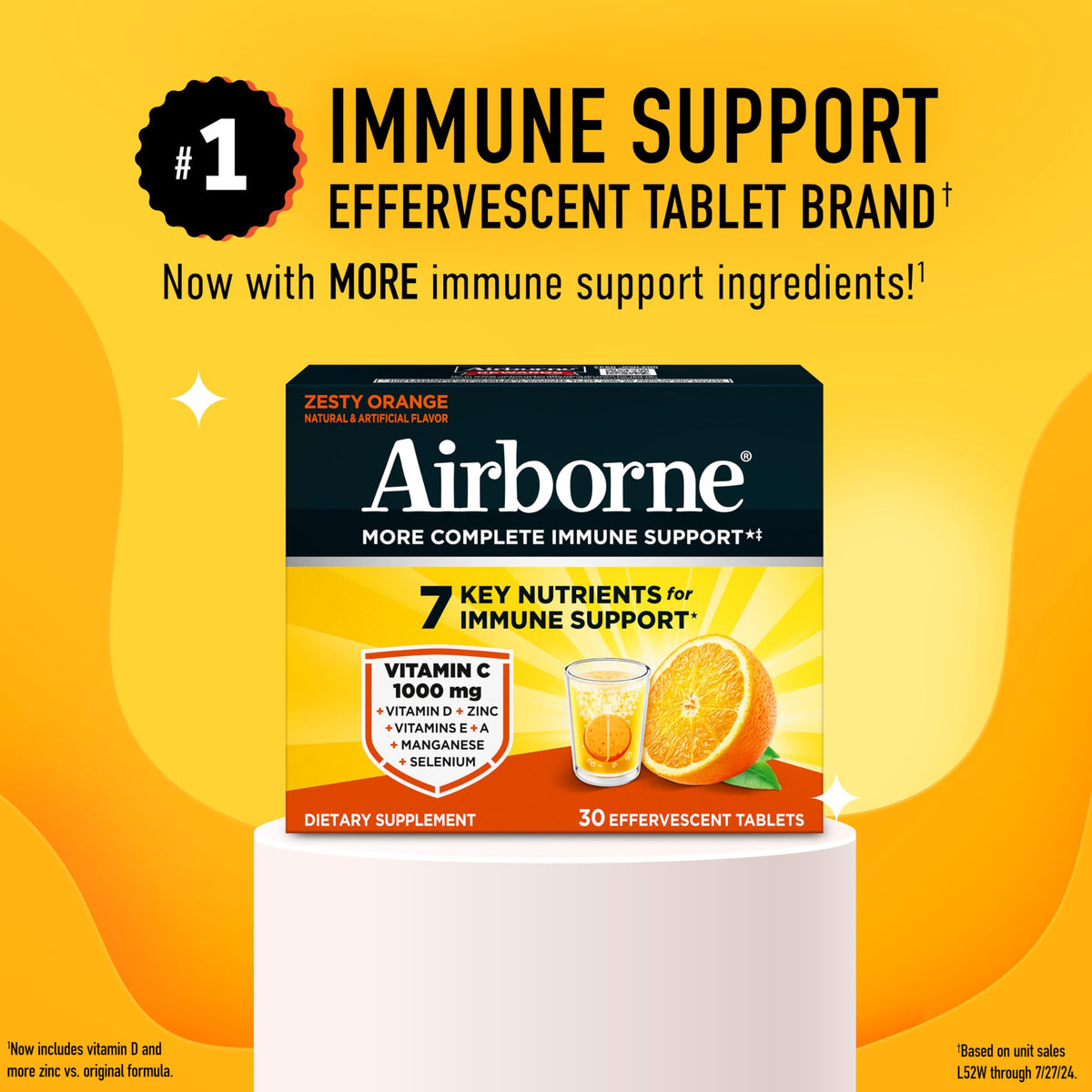 Airborne Vitamin C Zesty Orange 30 tablets bottle showing nutritional facts