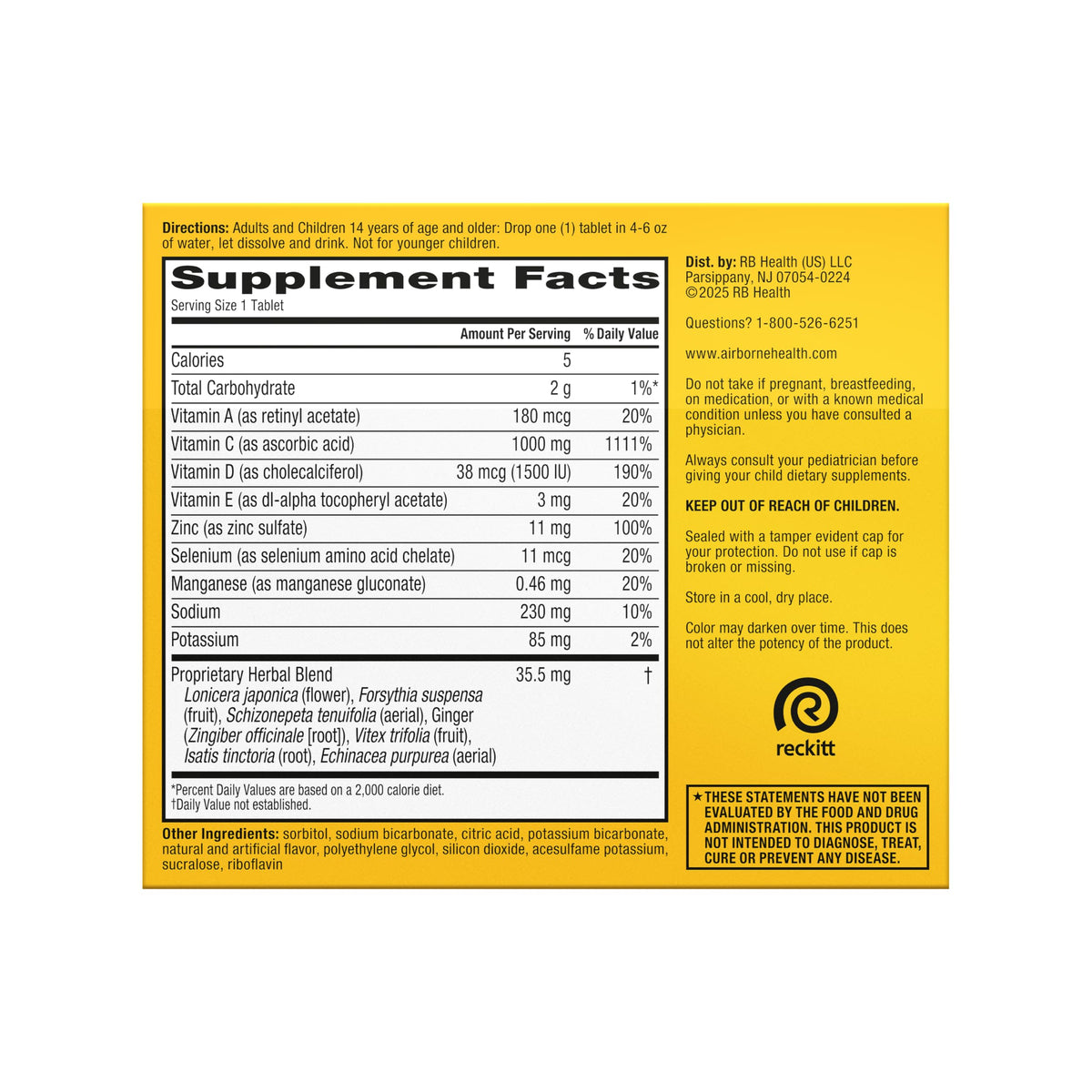 Airborne daily immune booster tablets showing dietary attributes and serving size instructions