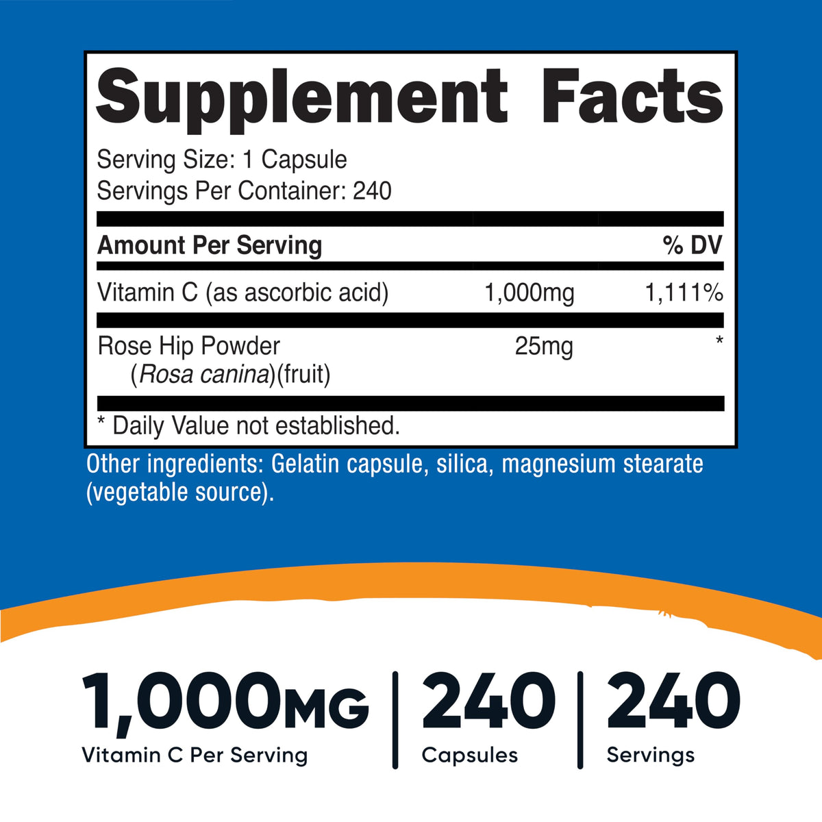 Nutricost Vitamin C high potency antioxidant supplement supplement facts panel detailing ingredients