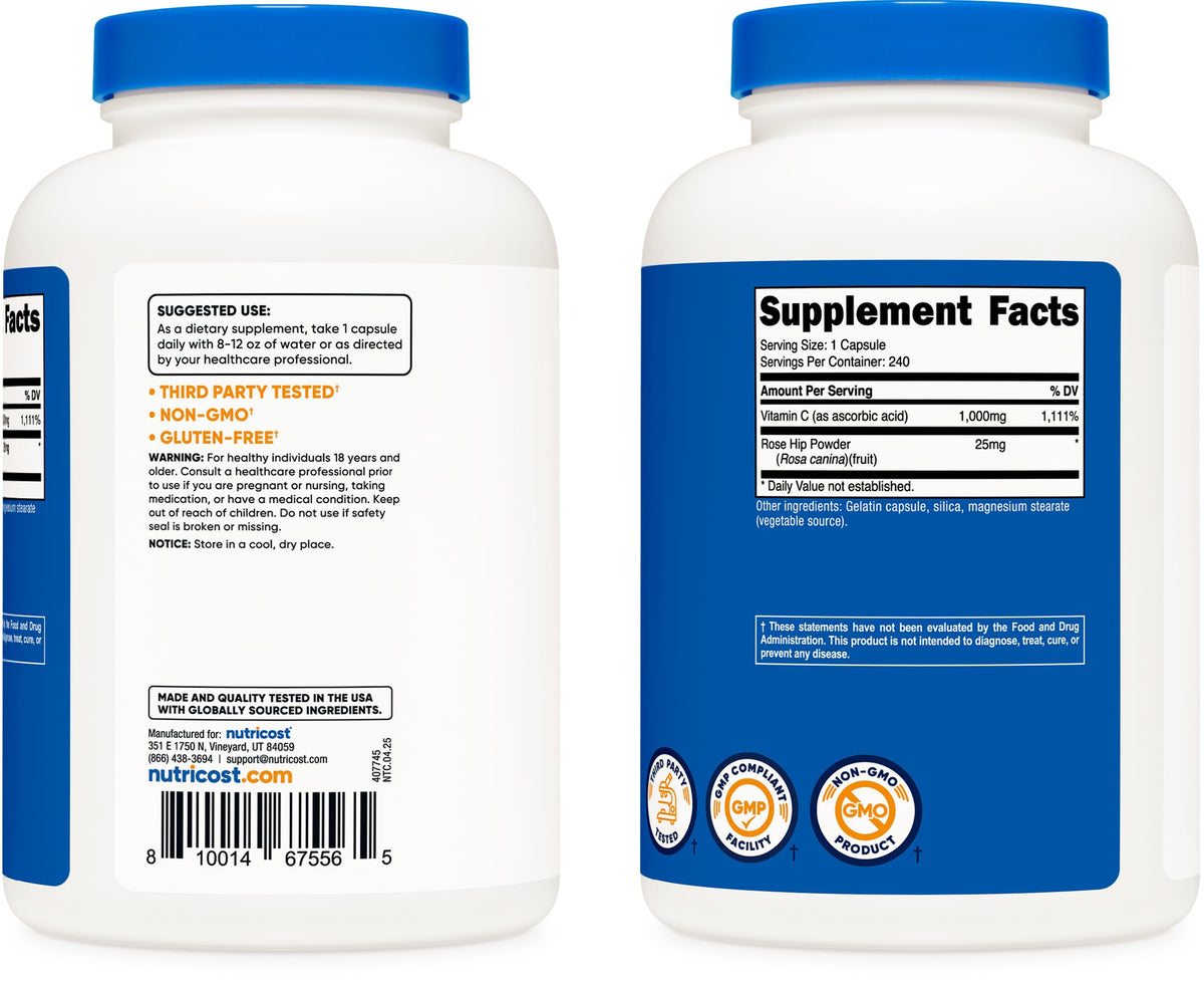 Nutricost Vitamin C 1025mg capsule size comparison and extended daily supply information