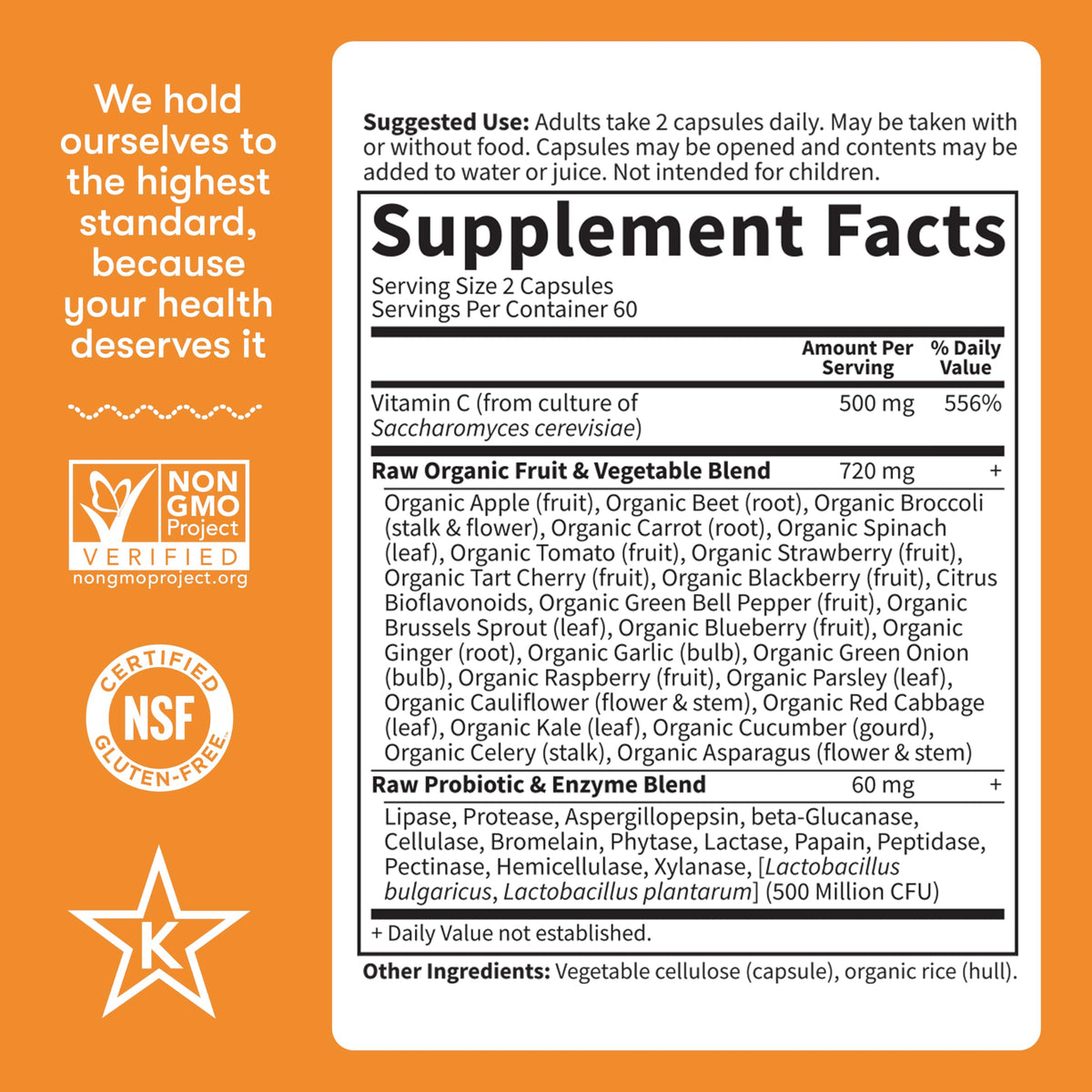 Back label details outlining raw probiotics and active digestive enzyme counts for comprehensive wellness support