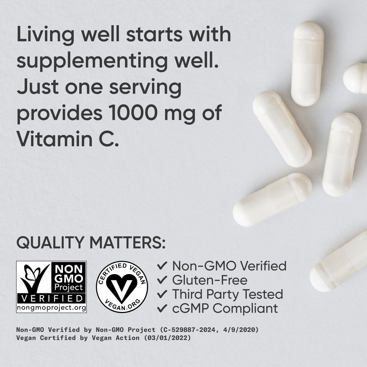 Gluten-free and soy-free vegan immune support dietary supplement bottle on clean background.
