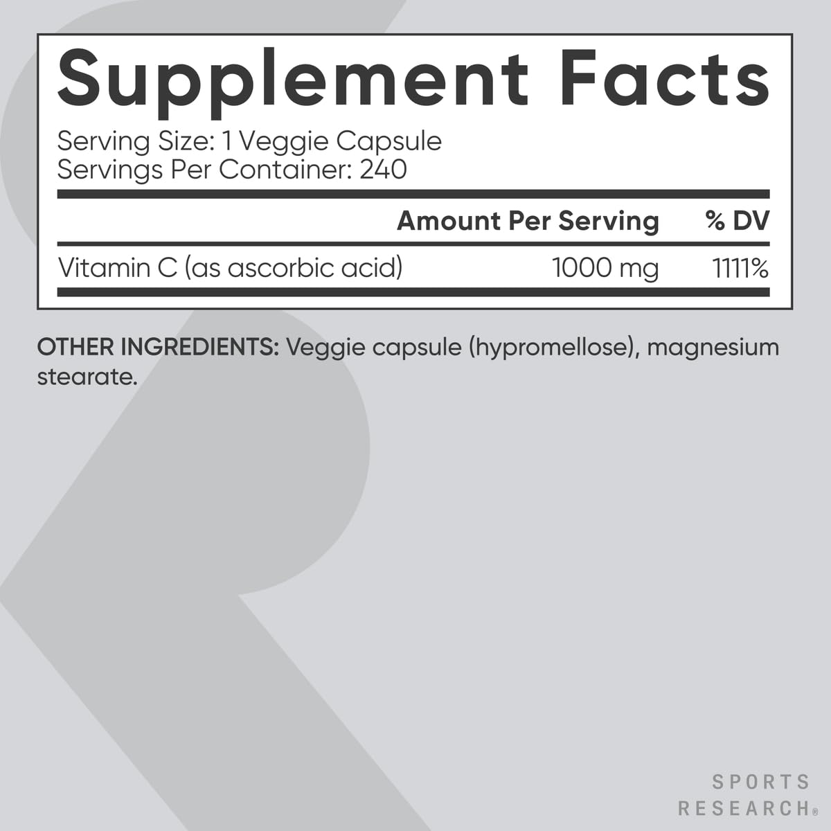 Sports Research Vitamin C bottle highlighting antioxidant defense and plant-based certification.