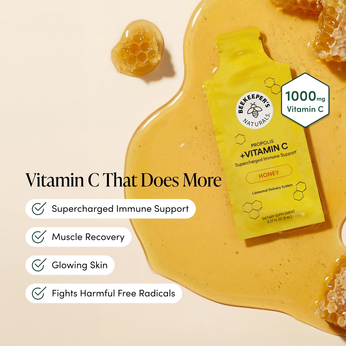 Beekeeper's Naturals Liposomal Vitamin C packets side view showing ingredient breakdown.