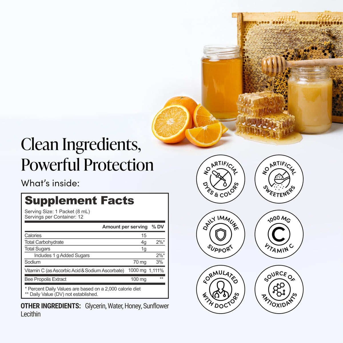 Premium imported bee propolis and vitamin C liquid packets for cellular absorption.