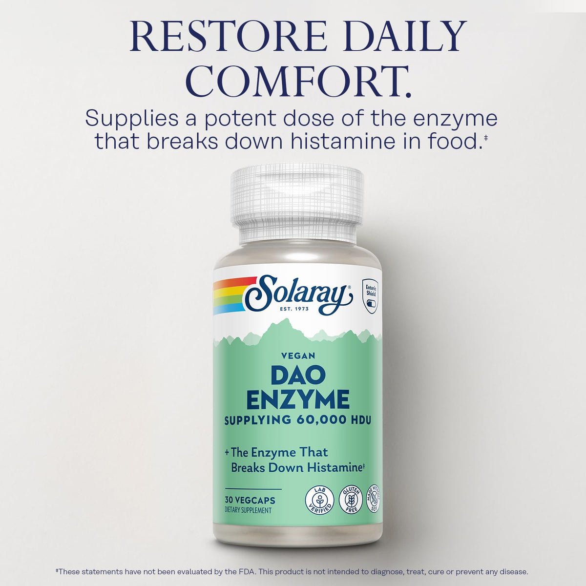Enteric Shield vegetable capsules of Solaray DAO enzyme showing plant based pea sprout formula