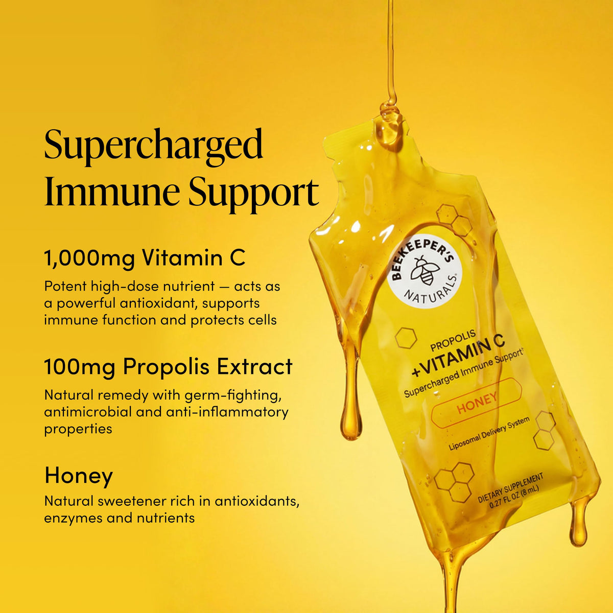 Squeezable liposomal vitamin C gel packet close up view for daily health.