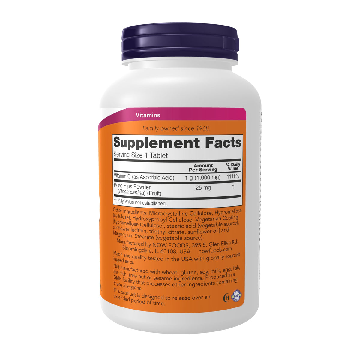 NOW Foods C 1000 with Rose Hips nutritional facts label highlighting active ingredients