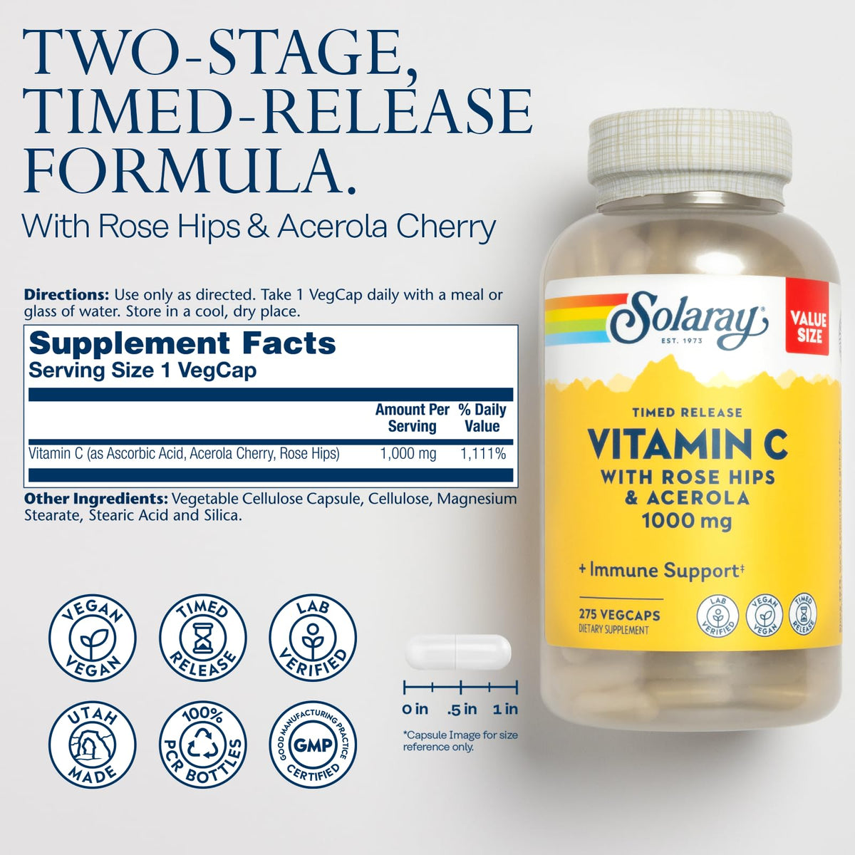 Solaray Vitamin C vegan capsules with rose hips and acerola cherry label details