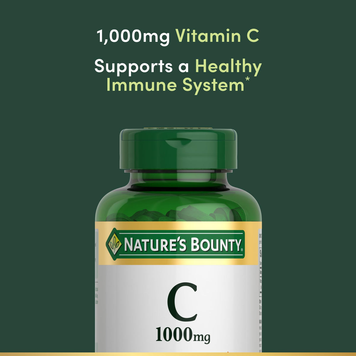 Side angle of Nature's Bounty green bottle showcasing the authentic imported vegetarian caplets certification