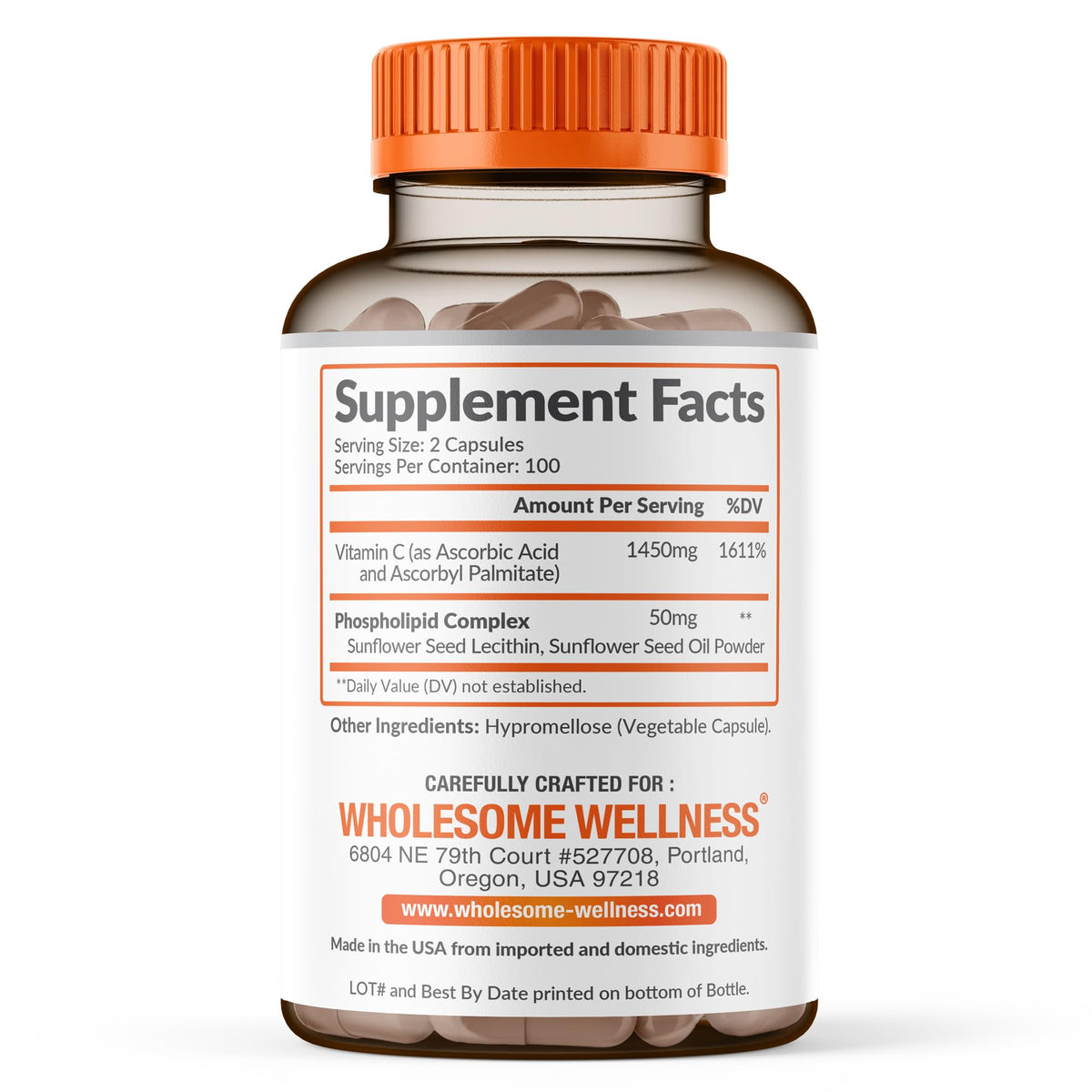 Wholesome Wellness Liposomal Vitamin C veggie capsules showing high absorption delivery details