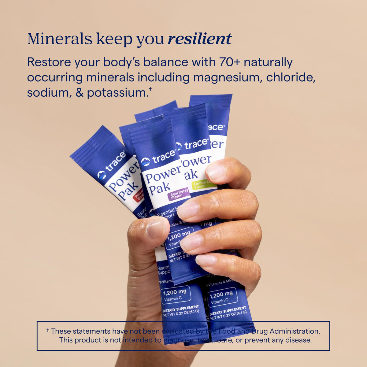 Trace Minerals immunity and electrolyte supplement stick packets spread out on a table.
