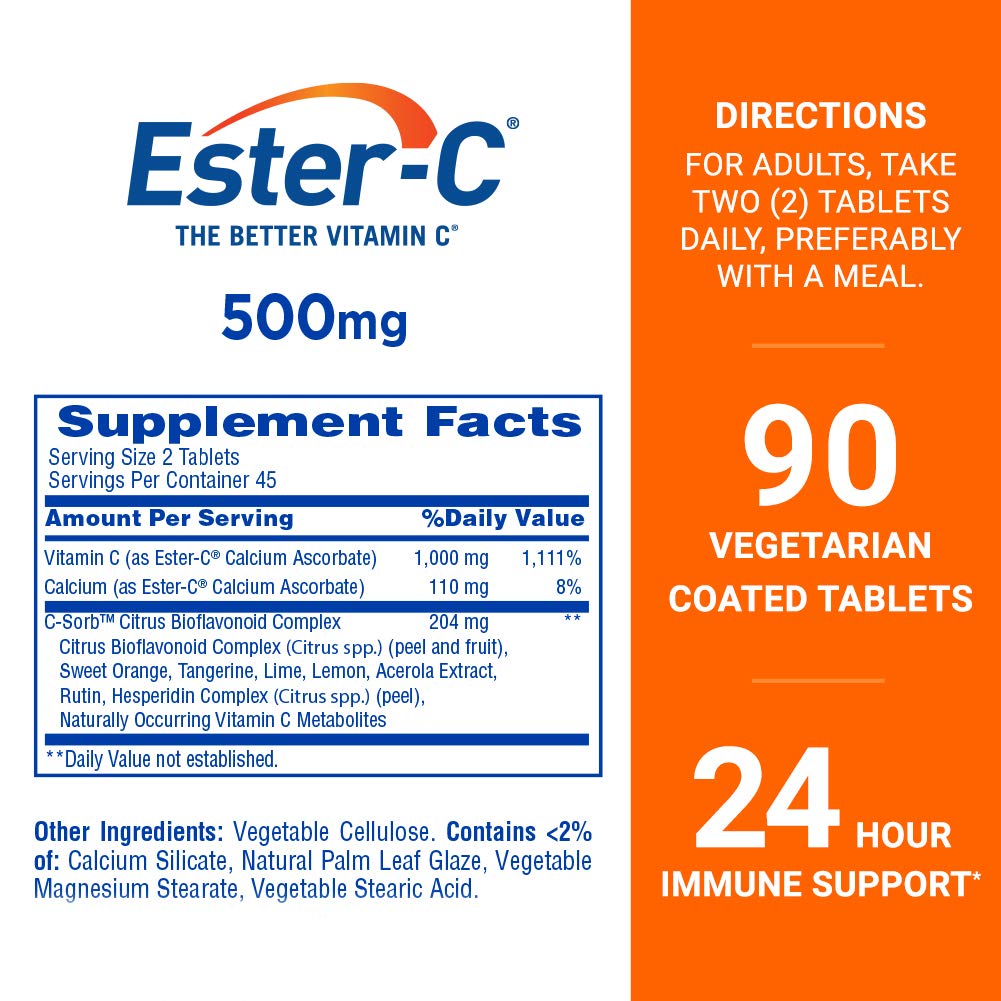 Ester-C 500 mg dietary supplement side panel showing nutrition facts and non acidic features