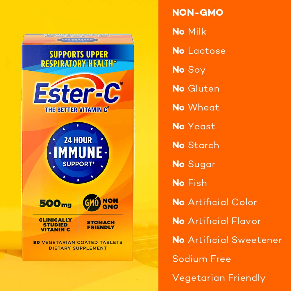 Authentic Ester-C 90 vegetarian coated tablets showing stomach friendly product description