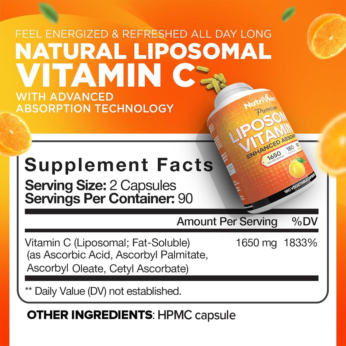 Nutrivein Liposomal Vitamin C 180 veggie capsules nutritional facts label showing 1650mg dosage and ingredient breakdown