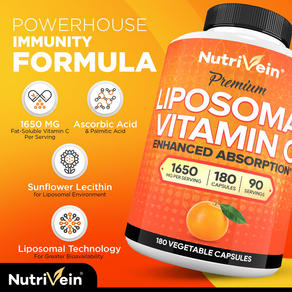 High bioavailability fat-soluble vitamin C capsules by Nutrivein placed next to packaging illustrating advanced phospholipid technology