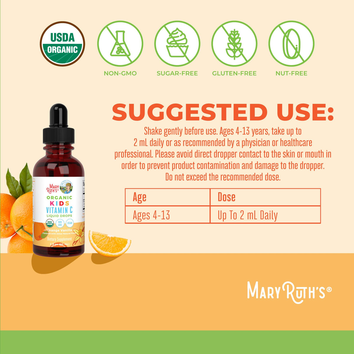 Ingredients list on the back label of MaryRuth's vegan liquid vitamin C for children.
