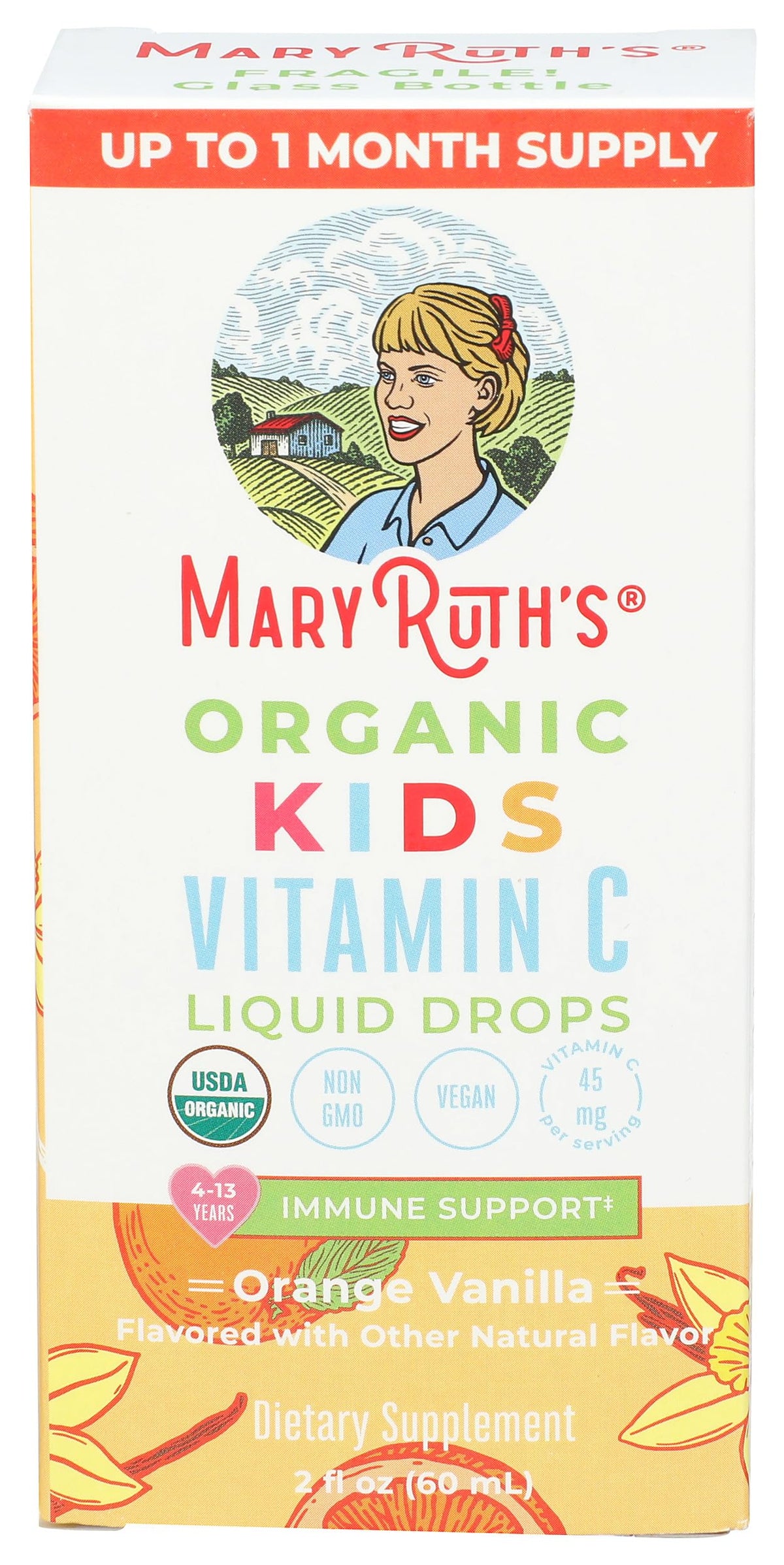 MaryRuth's liquid vitamin C drops for ages 4 to 13 showing the clean orange vanilla packaging.