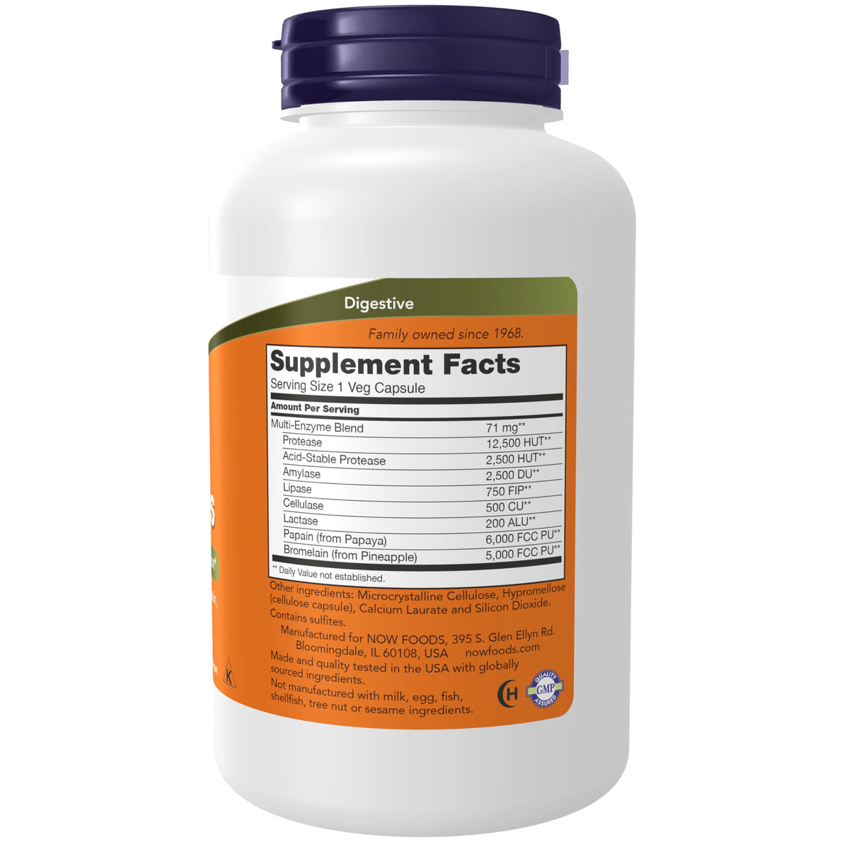 Now Foods Plant Enzymes imported supplement bottle highlighting vegan and non-GMO labels
