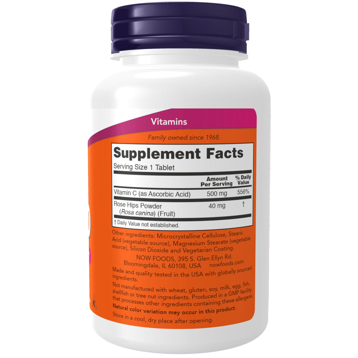 NOW Foods Vitamin C immune support supplement facts label on the back