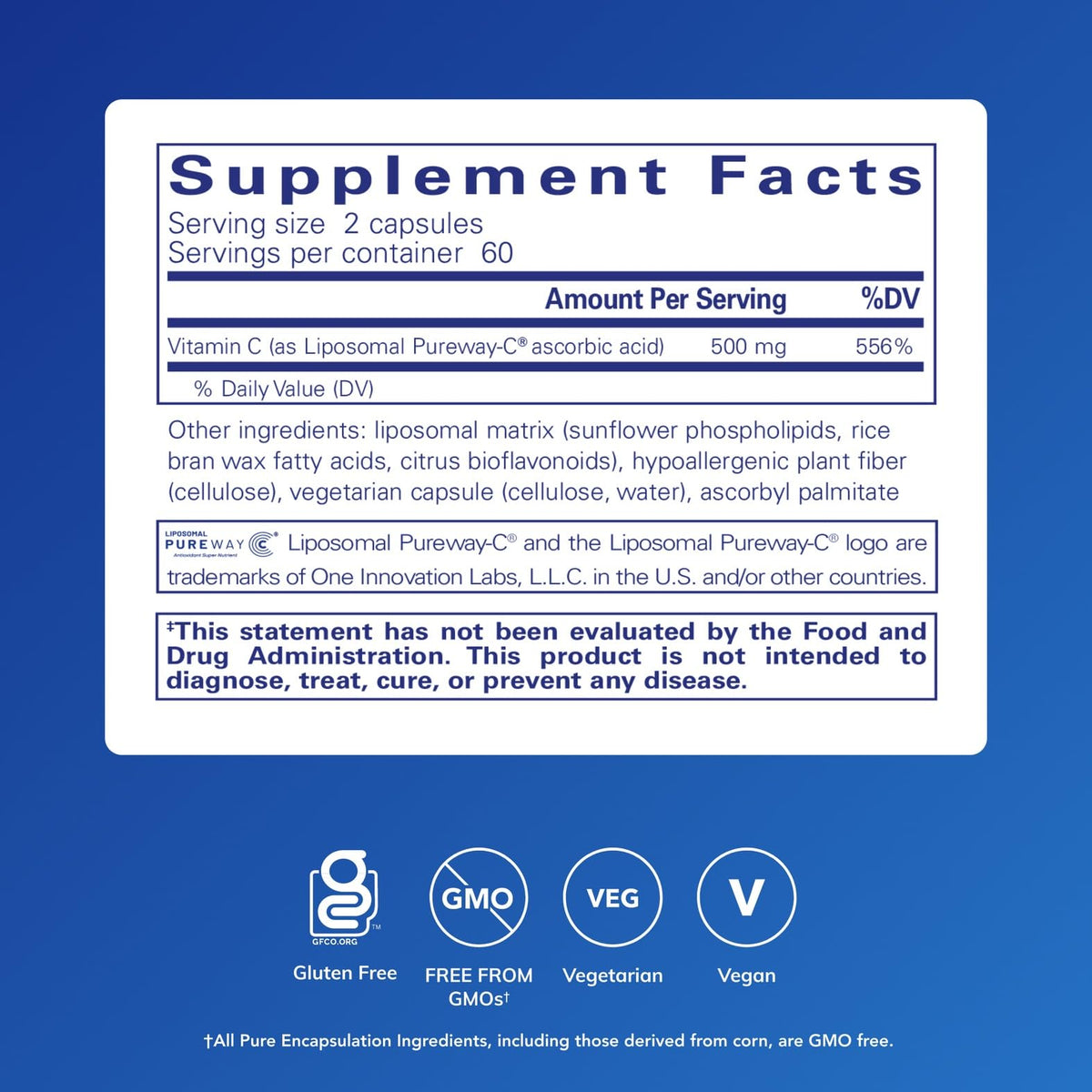 Pure Encapsulations Liposomal Vitamin C supplement facts and ingredient label showcasing PureWay-C technology