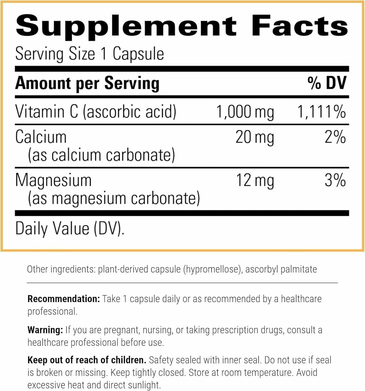 Integrative Therapeutics stomach friendly vitamin C capsule label showing ingredient details