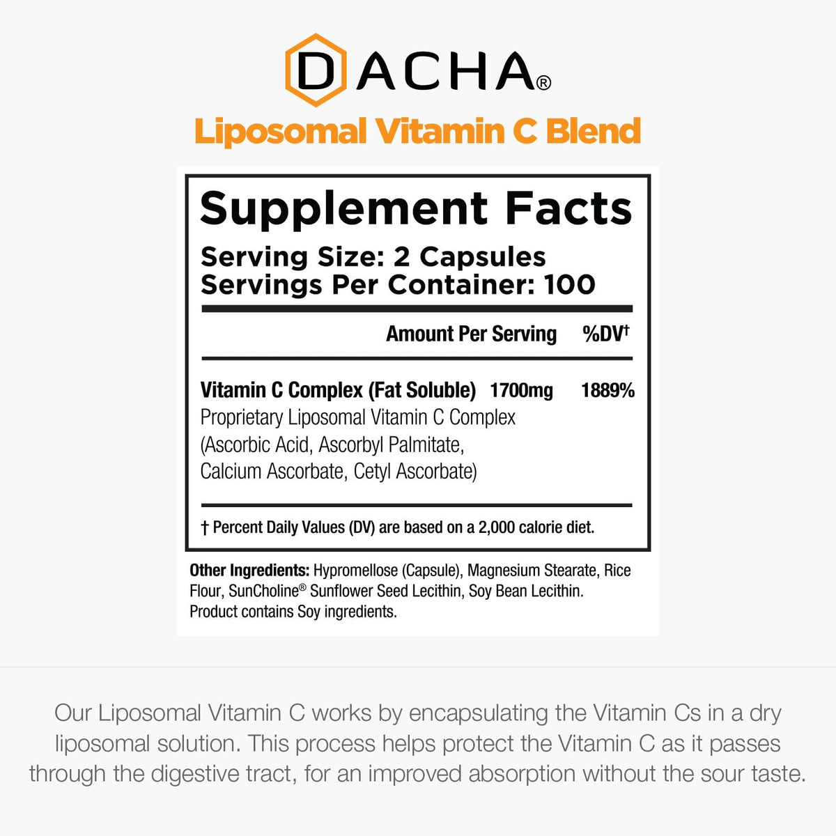 Dacha Natural Liposomal Vitamin C bottle side view illustrating sunflower lecithin benefits