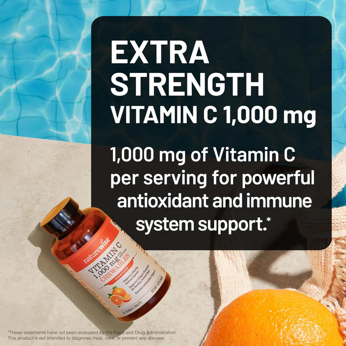 NatureWise Extra Strength Vitamin C 90 tablets side label detailing supplement facts and sugar-free formulation.
