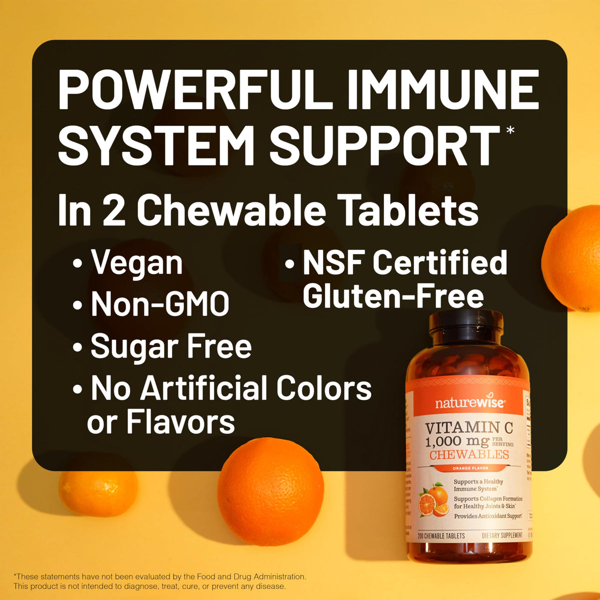 Premium USA imported NatureWise Vitamin C chewable tablets showing natural orange flavor variant.