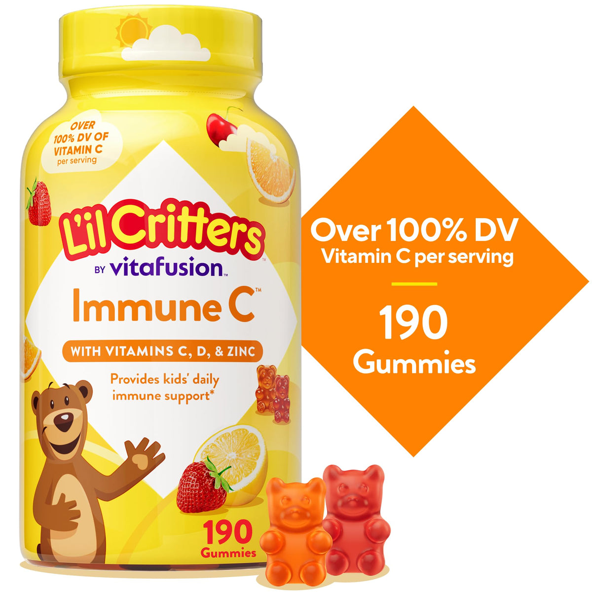 Lil Critters Immune C 190 count authentic USA imported bottle side view showing allergen instructions