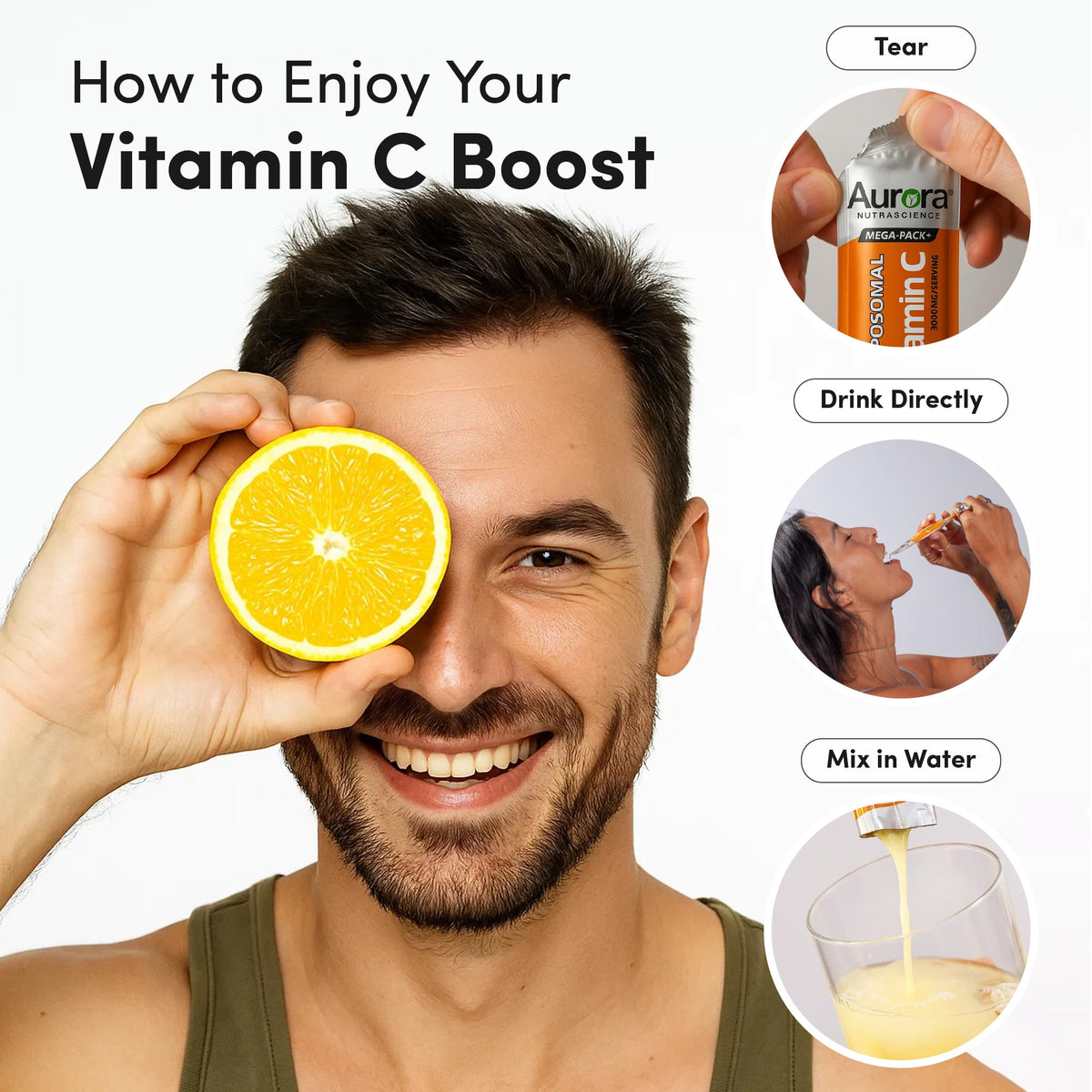 An opened packet of Aurora Nutrascience 3000 mg liposomal vitamin C demonstrating the liquid consistency.