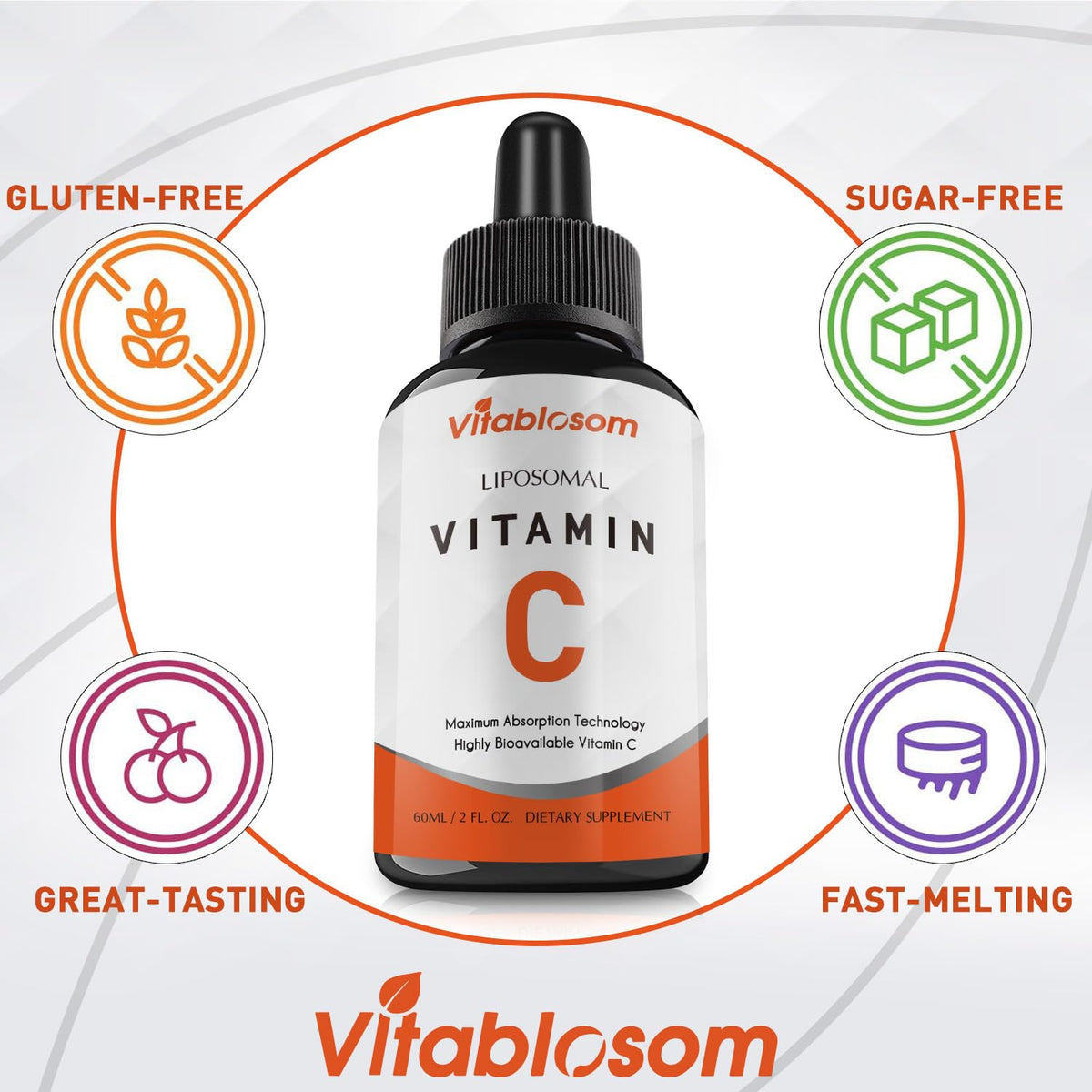 Vegan and non-GMO labels on the side of Vitablosom liquid vitamin C