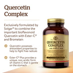 Side profile of Solgar Quercetin Complex bottle displaying vegan and gluten-free certifications